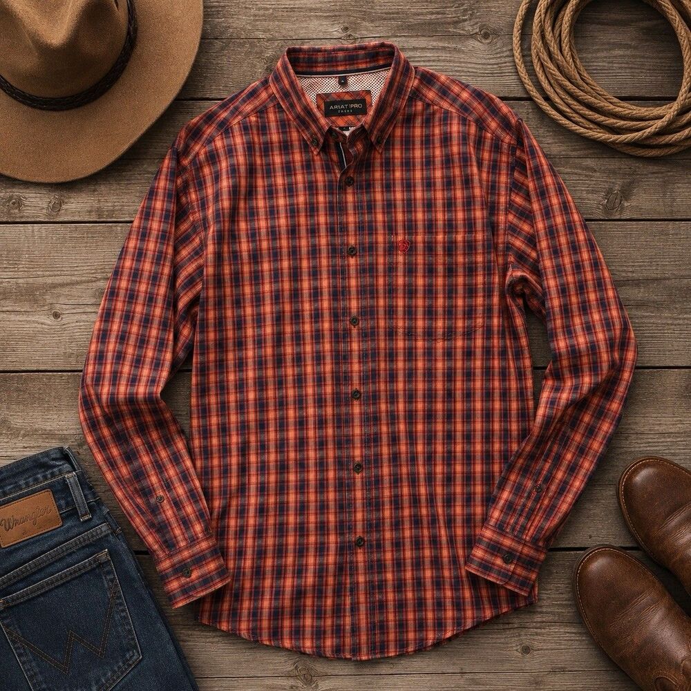 Ariat Pro Series Shirt Men’s Medium Red Navy Plaid Button Up Long Sleeve Western